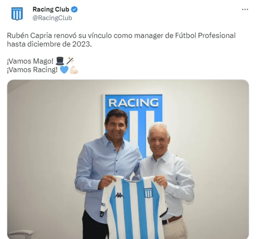 Rubén Capria renovó el vínculo de manager con Racing