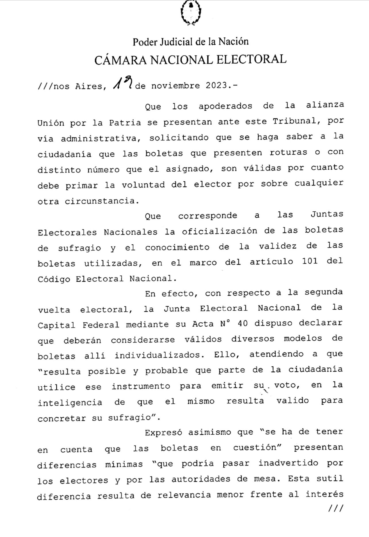 La Cámara Nacional Electoral ordenó contar como válidas las boletas rotas o con números distintos