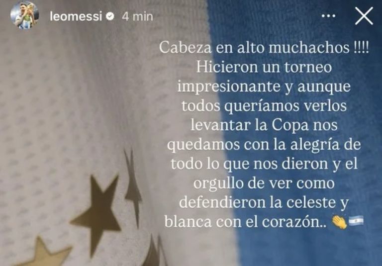 Fútbol: “Cabeza en alto”, el sentido mensaje de Lionel Messi para la Selección Argentina Sub-20
